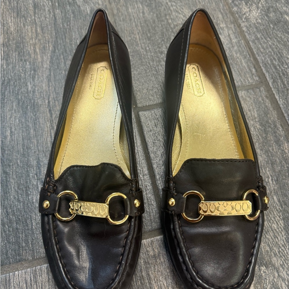 Coach Women's Black Leather Loafers with Gold Accents